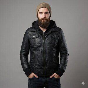 Real Leather Mens S Slim Fit Full Zip Moto Biker Jacket W/ Detachable Hood Black